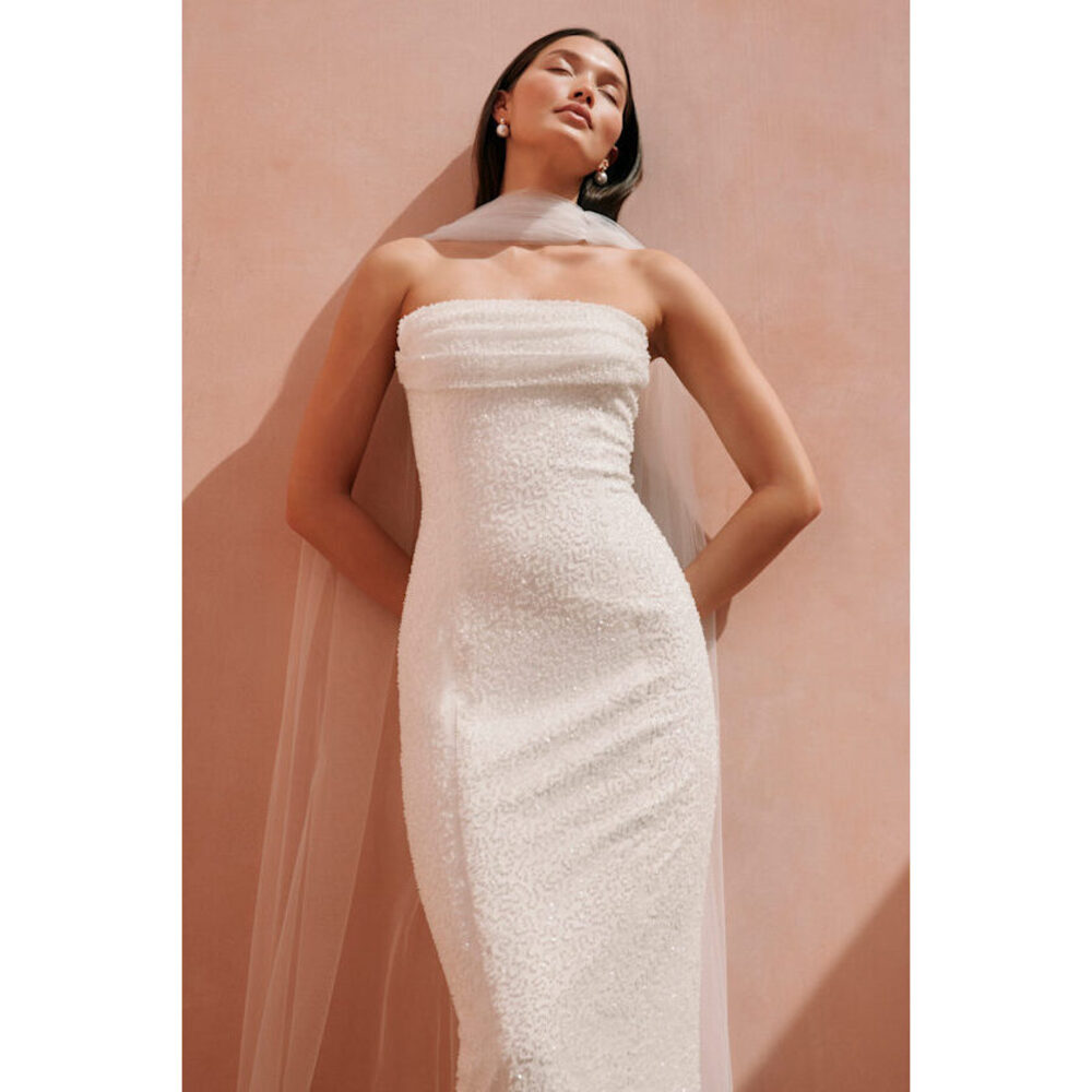 Lulus Catriona White Beaded Cowl Neck Strapless Midi Dress - Size M